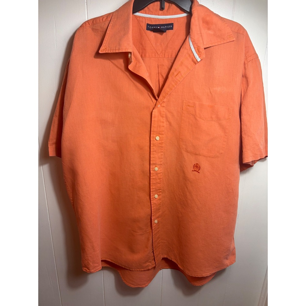 Tommy Hilfiger Mens XL Orange Linen Cotton Short Sleeve Button Down Shirt Logo